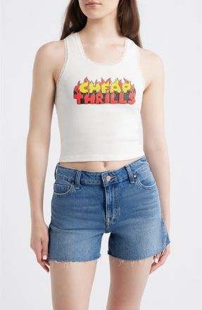 Daydreamer Cheap Thrills Lace Trim Graphic Tank in Vintage White at Nordstrom, Size X-Large