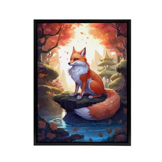 Artery8 Kitsune Fox in Japanese Temple Forest Framed Canvas Wall Art Print in Orange | Size: W24 x H32