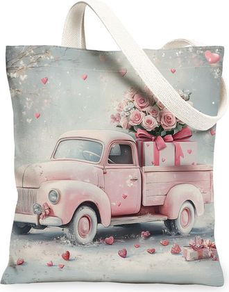 Generic Vintage Floral Canvas Tote Bags, Romantic Hearts Design Reusable Grocery Bags, Winter Chic Lightweight Washable Shoulder Strap Canvas for Travel Beach
