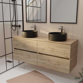 Aurlane Mueble De Ba&ntilde;o 140 Timber Efecto Roble 4 Cajones - 2 Lavabos Negros &Oslash;36cm