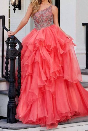 Rachel Allan Shimmering Asymmetrical Long Gown In Coral