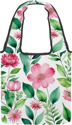 Generic Flowers and Green Leaves Reversible Canvas Shoulder Tote - Double-Sided Print, 12oz Cotton, 27cm Drop, Fold-Flat Bag for Travel, Shopping, Street Outi