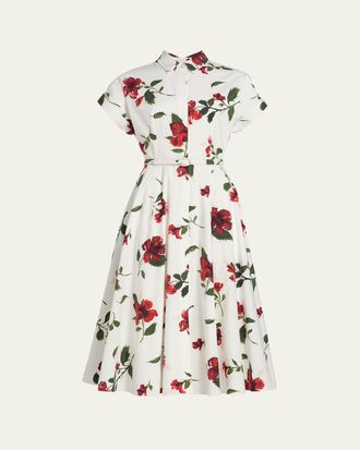 Oscar De La Renta Short-Sleeve Hibiscus Cotton Poplin Midi Shirtdress With Belt