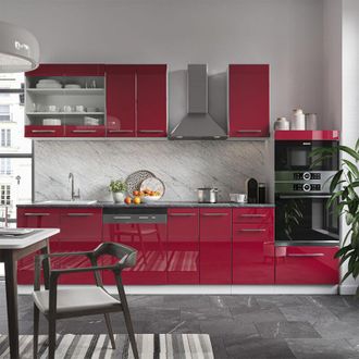 Vicco Mueble De Cocina Fame-line, Burdeos Brillo Intenso/blanco, 300 Cm Con Armario Alto, Sin Encimera