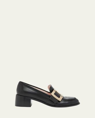 Roger Vivier Viv Rangers Leather Buckle Heeled Loafers