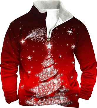 Generic Christmas Jumpers for Men 1/4 Zip Xmas Tree Pullover Ugly Christmas Sweatshirt Long Sleeve Sweater Fleece Stand Collar Sweatshirt Reindeer Snowflakes 