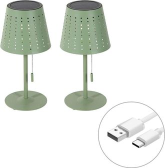 QAZQA Dise&ntilde;o Set De 2 L&aacute;mparas De Mesa Verde Con Led Regulable 3 Pasos, Recargable Y Solar - Ferre Aluminio /acero Alargada Incluye Led Max. 1 X 3 Watt - Qa