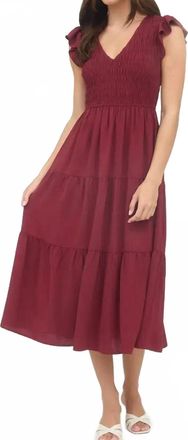 Blu Pepper Smocked V Neck Midi Dress In Wine
