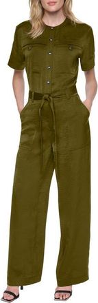 DKNY Tie Waist Satin Utility Jumpsuit in Dark Olive at Nordstrom, Size 12