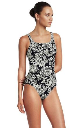 Lands End D-Cup Slender Carmela Tummy Control Chlorine Resistant Scoop Neck One Piece Swimsuit in Floral Medley/black at Nordstrom, Size 14