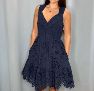 Skies Are Blue Clothing Womens Scallop Hem Eyelet Dress In Navy