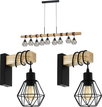 Loops 9 Bulb Ceiling Pendant & 2x Matching Wall Lights Black Cage & Wood Trendy Lamp