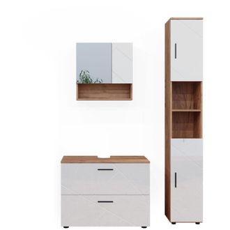 Vicco Conjunto De Muebles De Ba&ntilde;o Irma, Blanco Brillo Intenso/roble Dorado, 3 Piezas, Con Cajonera Y Mueble Alto