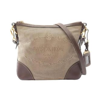 Prada Pre-owned Cross Body Bags, female, Beige, Size: ONE SIZE Pre-owned Logo Jacquard Canvas Leather Shoulder Bag