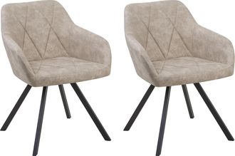 Beliani Conjunto De 2 Sillas De Comedor De Tela Beige Con Reposabrazos Respaldo Acolchado Patas Met&aacute;licas Negras Retro Monee