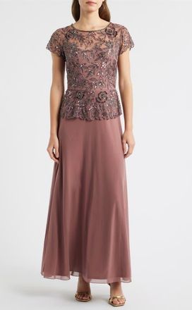 Pisarro Nights Beaded Mesh Mock Two-Piece Gown in Mauve at Nordstrom, Size 16