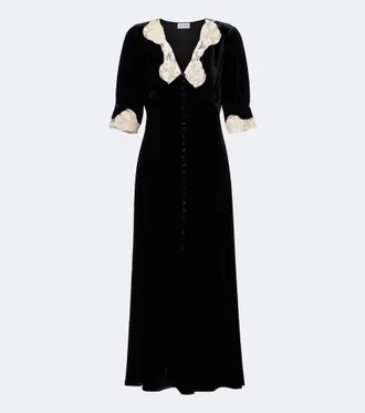 Rixo Vestido midi Simone de terciopelo con encaje