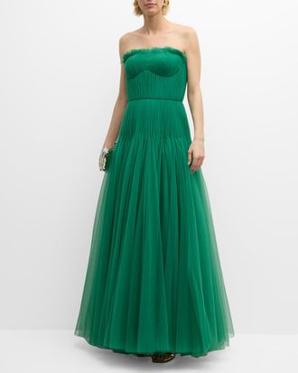 Zac Posen Strapless Pleated Tulle Bustier Gown
