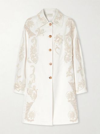 Dries Van Noten Cappotto In Tela Di Cotone Con Ricami - Bianco