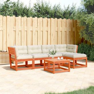 vidaXL Set De Sof&aacute;s Jard&iacute;n 5 Pzas Con Cojines Madera Pino Marr&oacute;n Cera Vidaxl