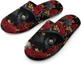 Generic Black Cat Pumpkin Floral Skull Mens Slippers Warm Non-Slip Houes Shose Spa Slipper for Home Bedroom