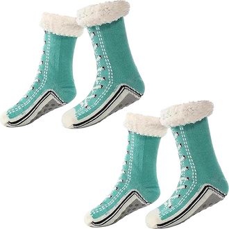 Generic Ultra-Thick Cute Slipper Home Socks,Ultra-Thick Cashmere Slipper Sock for Women Cozy Warm Fleece Lined Cashmere Fuzzy Grip (2pcs-Lake Blue,One Size)