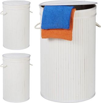 Relaxdays 3x Cesto Ropa Sucia con Tapa, Cubo Colada Plegable, Redondo, Bambú, 65 Litros, ø 40 cm, Blanco