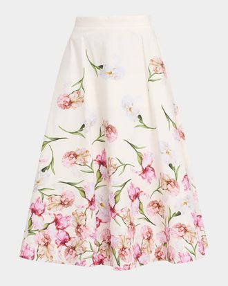 Oscar De La Renta Painted Iris Print Cotton Midi Skirt