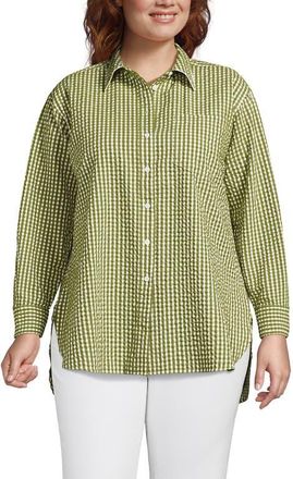 Lands End Oversized Seersucker Shirt in Vintage Lime Green Gingham at Nordstrom, Size 1X