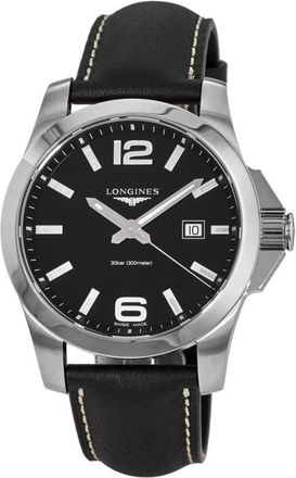Longines Conquest Quartz 43mm Black Dial Leather Strap Mens Watch L3.760.4.56.3