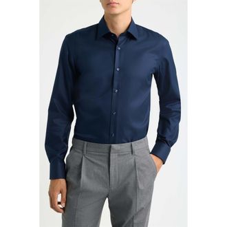 BOSS Hank Slim Fit Easy Iron Cotton Dress Shirt in Dark Blue at Nordstrom, Size 14.5