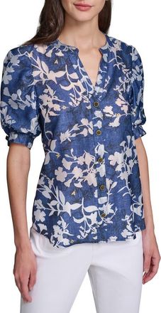 Karl Lagerfeld Print Puff Sleeve Shirt in Midnight Navy/soft White at Nordstrom, Size X-Small