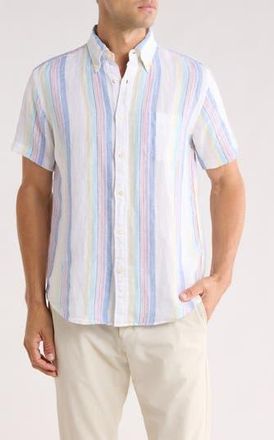 Brooks Brothers Regular Fit Stripe Linen Button-Up Shirt in White/Blue Stipe at Nordstrom Rack, Size Xx-Large