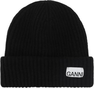 Ganni Accessoires, Dames, Zwart, ONE Size, Wol, Ribbed Knit Beanie