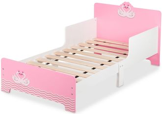 Relaxdays Relaxdays - Cama Infantil Dise&ntilde;o Cisne, Bordes Antica&iacute;da, Somier L&aacute;minas, Barandillas, 60 X 77 X 143 Cm, Mdf, Blanco/rosa