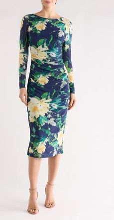 Vince Camuto Floral Long Sleeve Ruched Mesh Body-Con Dress in Navy Multi at Nordstrom Rack, Size 12