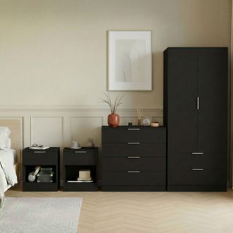Home Discount Trega 4pc Bedroom Furniture Unit - 2x Bedside, 4 Drawer Chest & 2 Door Wardrobe, Black