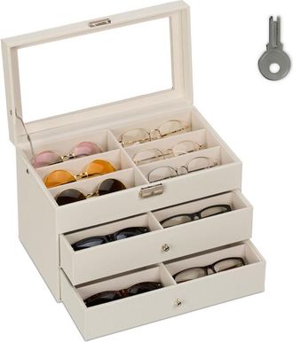 Relaxdays Relaxdays - Organizador 18 Gafas de Sol, Ventana Cristal, Estuche Efecto Piel, Funda Terciopelo, 22,5x33,5x19 cm, Blanco