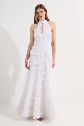 Karen Millen Womens Petal Applique Embellished Broderie Rosette Maxi Dress - White Cotton - Size 14 UK