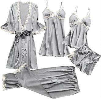 Generic Flodxo 5 Piece Pyjamas Set Women Satin Silk Pajamas Kimono Robe Floral Lace Cami Tops Shorts Pants Nightdress Bathrobe Pjs Sets Sleepwear Soft Comfy L