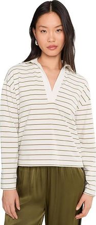Vince Striped Easy Long Sleeve Polo Womens Clothing Olive Stone Combo : MD, Cotton