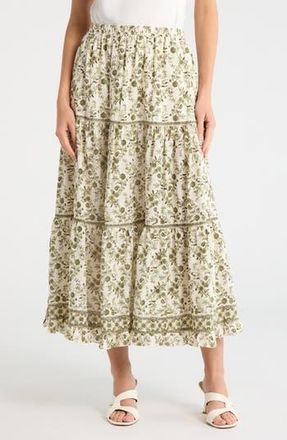 Max Studio Floral Wreath Print Tiered Cotton Blend Maxi Skirt in Cream/Green Floral at Nordstrom Rack, Size X-Small