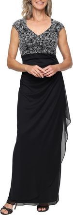 Alex Evenings Cap Sleeve Empire Waist Evening Gown in Black White at Nordstrom, Size 16