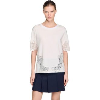 Sandro Cotton T-shirt with lace detail in Ecru at Nordstrom, Size X-Small