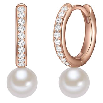 Valero Pearls Womens Hoop earring sterling silver rose gold freshwater cultured pearl white zirconia - One Size