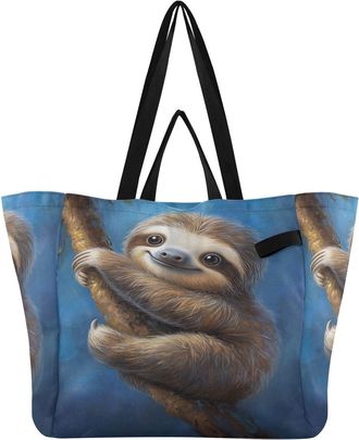Generic Sloth Brown Branch print Reusable Canvas Tote Bag, Heavy Duty Grocery Shopping Bag with Large Capacity Hard Bottom Double Handles Work Groceries Trave
