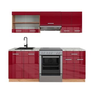 Vicco Mueble De Cocina R-line, Burdeos Brillo Intenso/roble Dorado, 200 Cm, Et M&aacute;rmol, Vicco