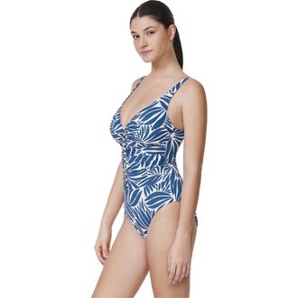 Gottex Comeback Deep V-Neck One Piece in Petrol-White at Nordstrom, Size 14