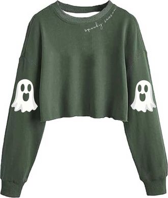 Generic Womens Ghost Letter Print Crop Sweatshirt Fall Halloween Crew Neck Long Sleeve Ladies Jumpers Loose Lightweight Cropped Tops Spooky Season Sweatshirts