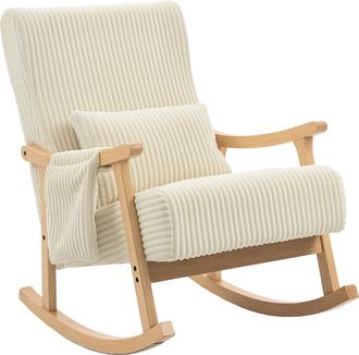 OEM Silla Mecedora De Pana Con Coj&iacute;n Lumbar Patas Y Reposabrazos De Madera De Caucho Bolsillo Estilo Moderno Beige